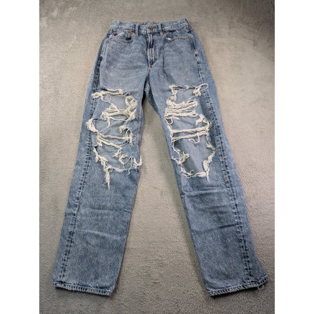 American Eagle Baggy Jeans Womens 0 Light Wash Distressed Ripped High Rise Denim